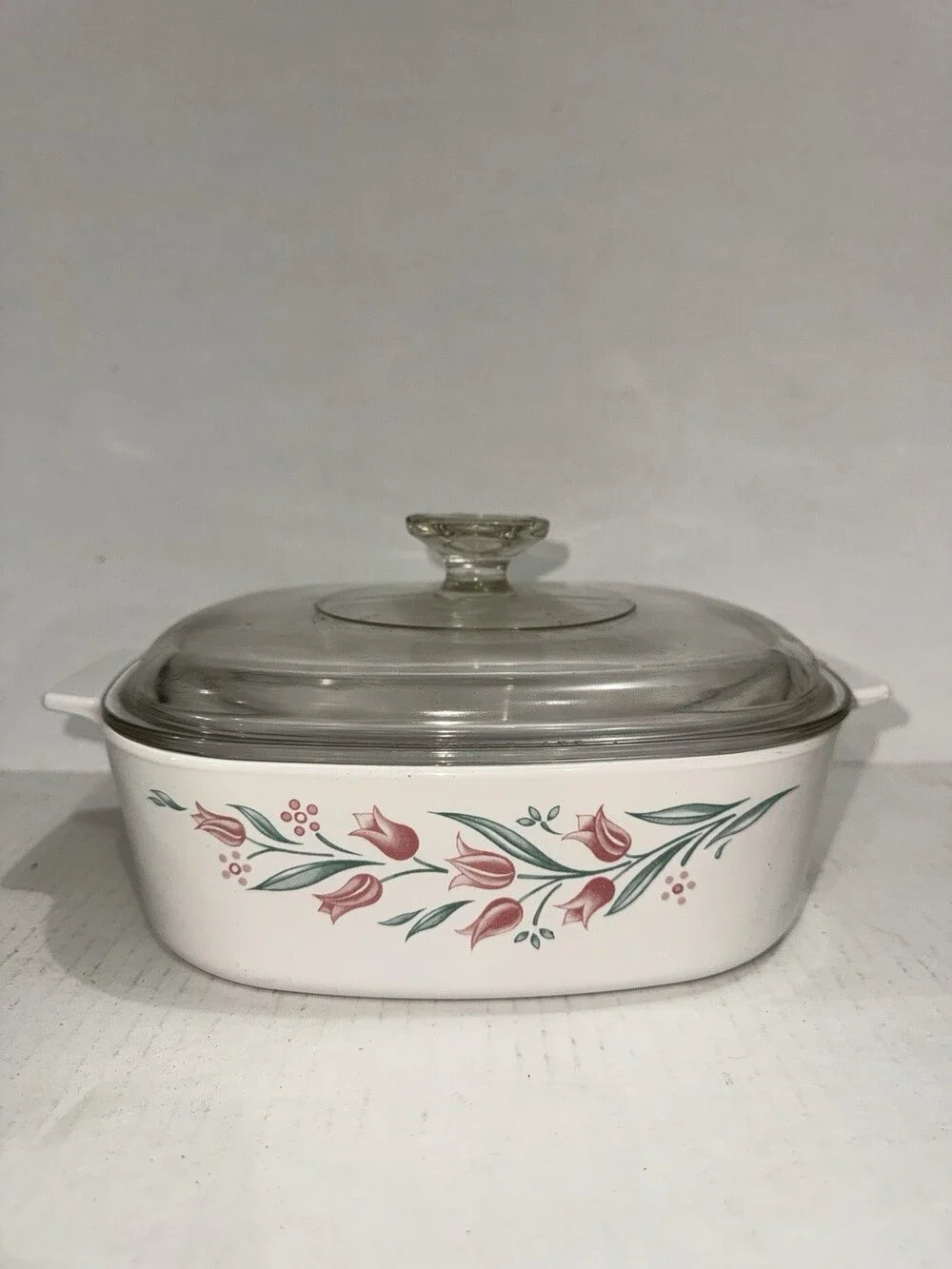 Vintage Corning Ware Rosemarie Pink Tulip Casserole Dish Glass Lid 8”